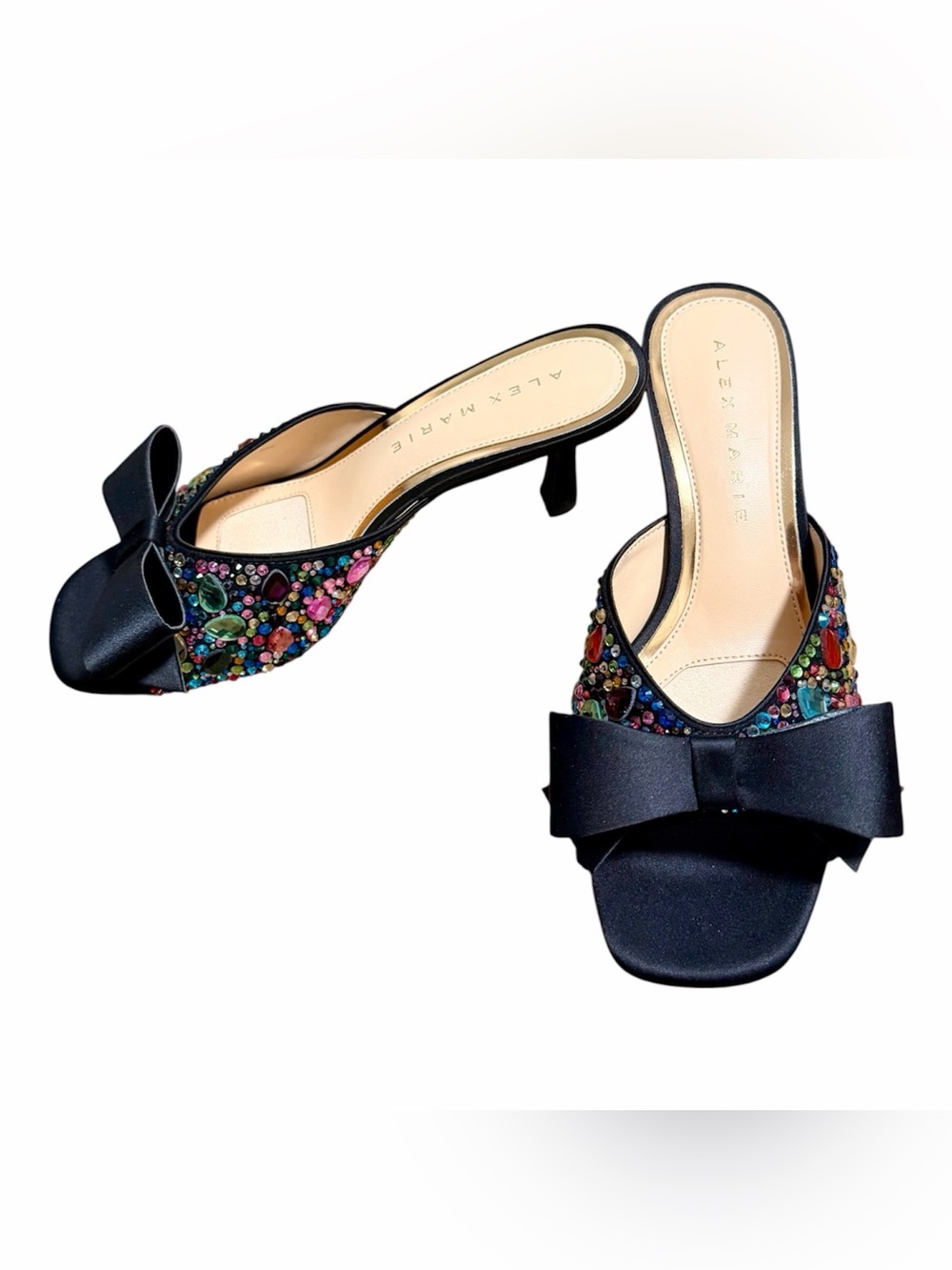 Alex Marie Bridget Black Satin Embellished Jeweled Bow Kitten Heel NWT